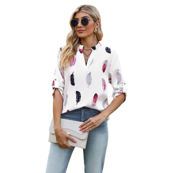 V-Neck Loose Shirt with Feather Print and 3/4 Sleeves