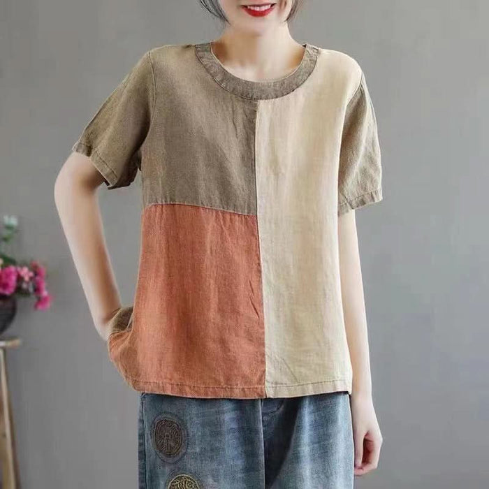 Women's Cotton Linen Half Sleeve Contrast Color T-Shirt