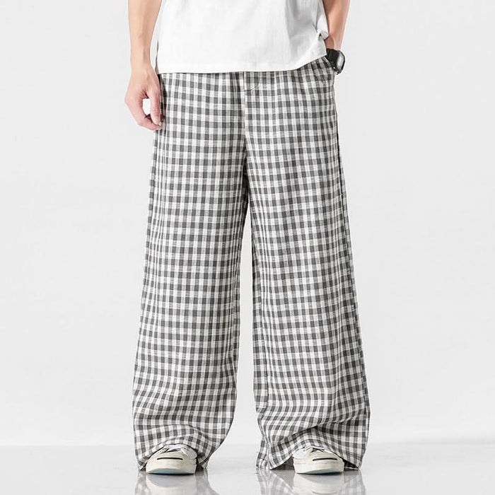 Summer Plus Size Style Cotton Linen Plaid Pants