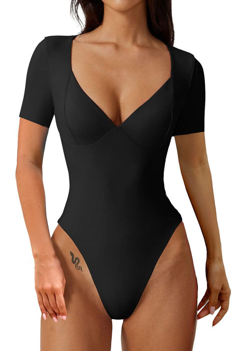 Women's V-Neck Short Sleeve Bodysuit with Seamed Cups