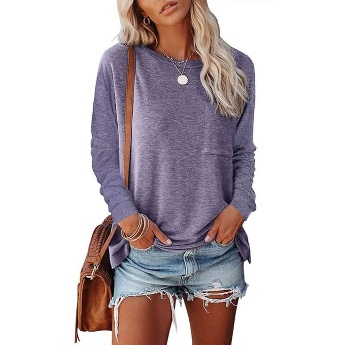 Long Sleeve Casual T-Shirt with Pocket and Side Split