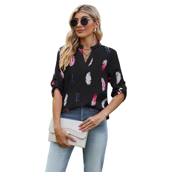 V-Neck Loose Shirt with Feather Print and 3/4 Sleeves