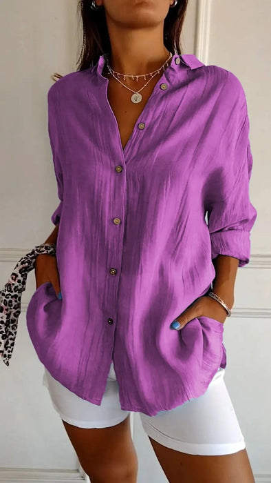 Women's Lapel Long Sleeve Pleated Shirt