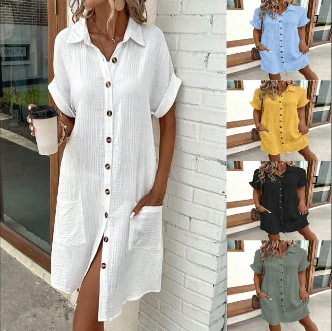 Summer Solid Color Short Sleeve Loose Shirt Dress