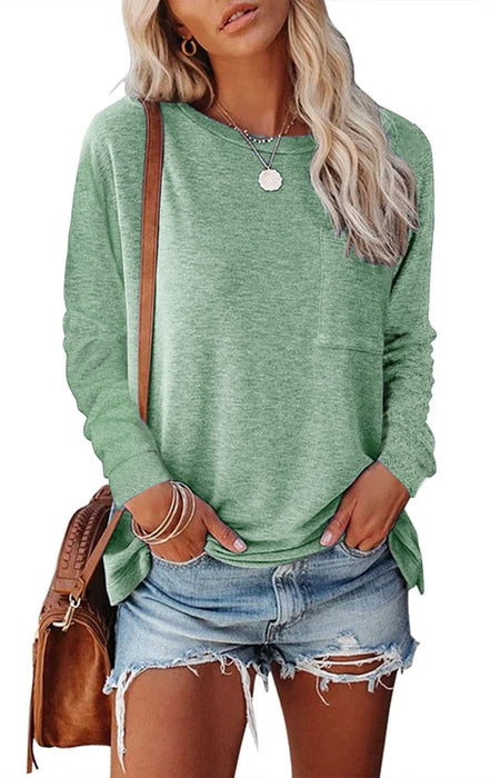 Long Sleeve Casual T-Shirt with Pocket and Side Split