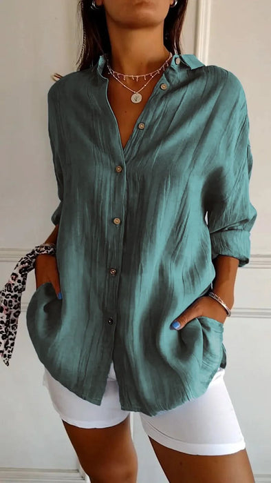 Women's Lapel Long Sleeve Pleated Shirt