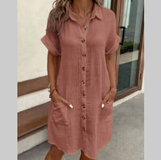 Summer Solid Color Short Sleeve Loose Shirt Dress