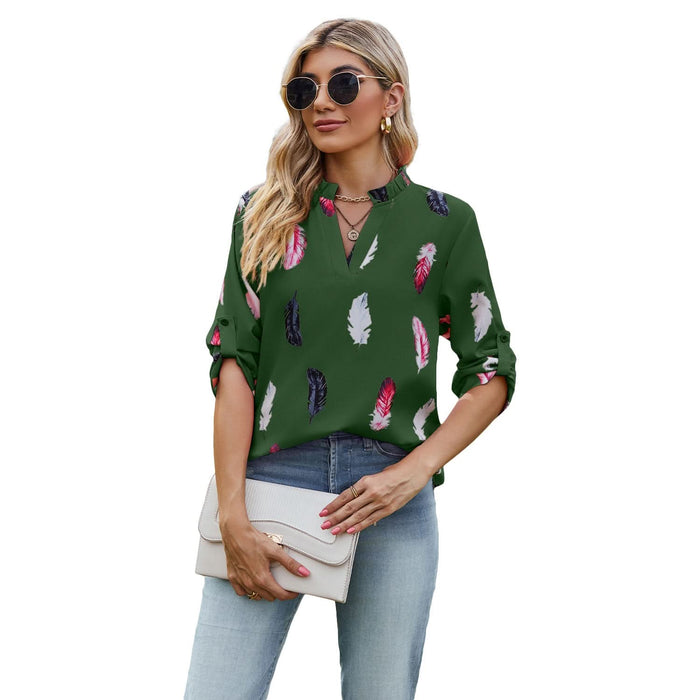 V-Neck Loose Shirt with Feather Print and 3/4 Sleeves