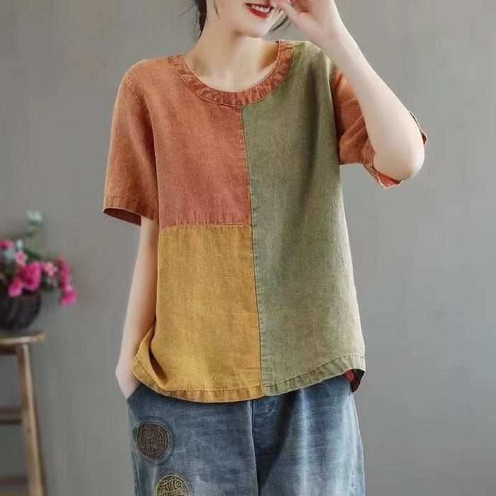 Women's Cotton Linen Half Sleeve Contrast Color T-Shirt