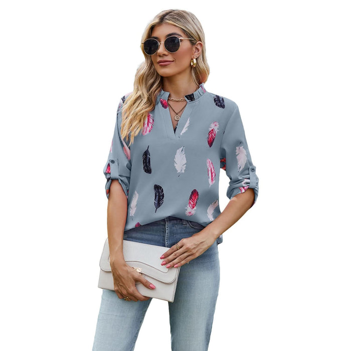 V-Neck Loose Shirt with Feather Print and 3/4 Sleeves