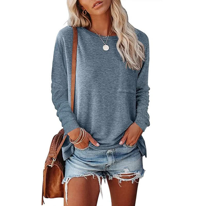 Long Sleeve Casual T-Shirt with Pocket and Side Split