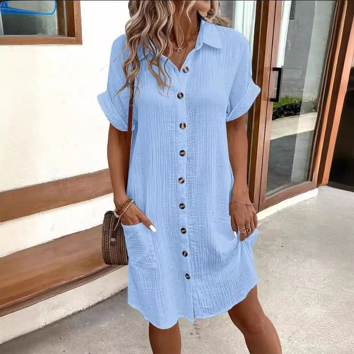 Summer Solid Color Short Sleeve Loose Shirt Dress