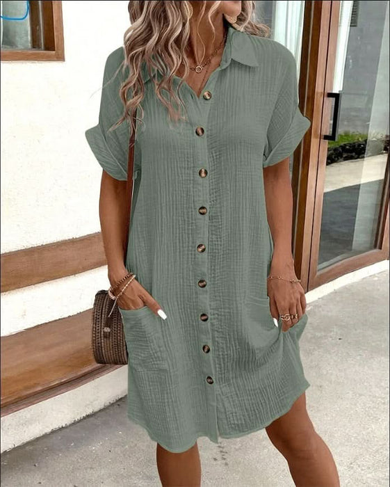 Summer Solid Color Short Sleeve Loose Shirt Dress