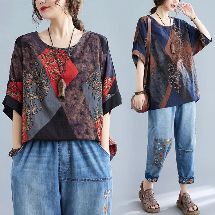 Women's Stylish Loose Round Neck Printed Short-Sleeve T-Shirt