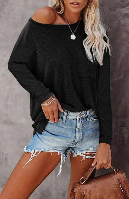 Long Sleeve Casual T-Shirt with Pocket and Side Split