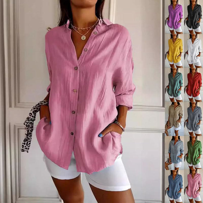 Women's Lapel Long Sleeve Pleated Shirt