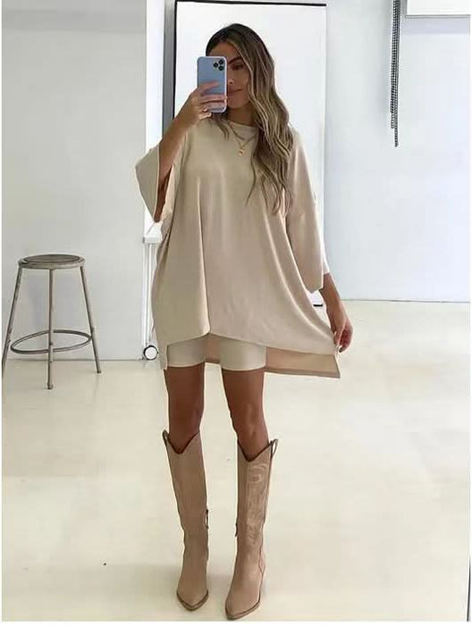 Women's Fashion Solid Color Loose T-Shirt and Fitted Shorts