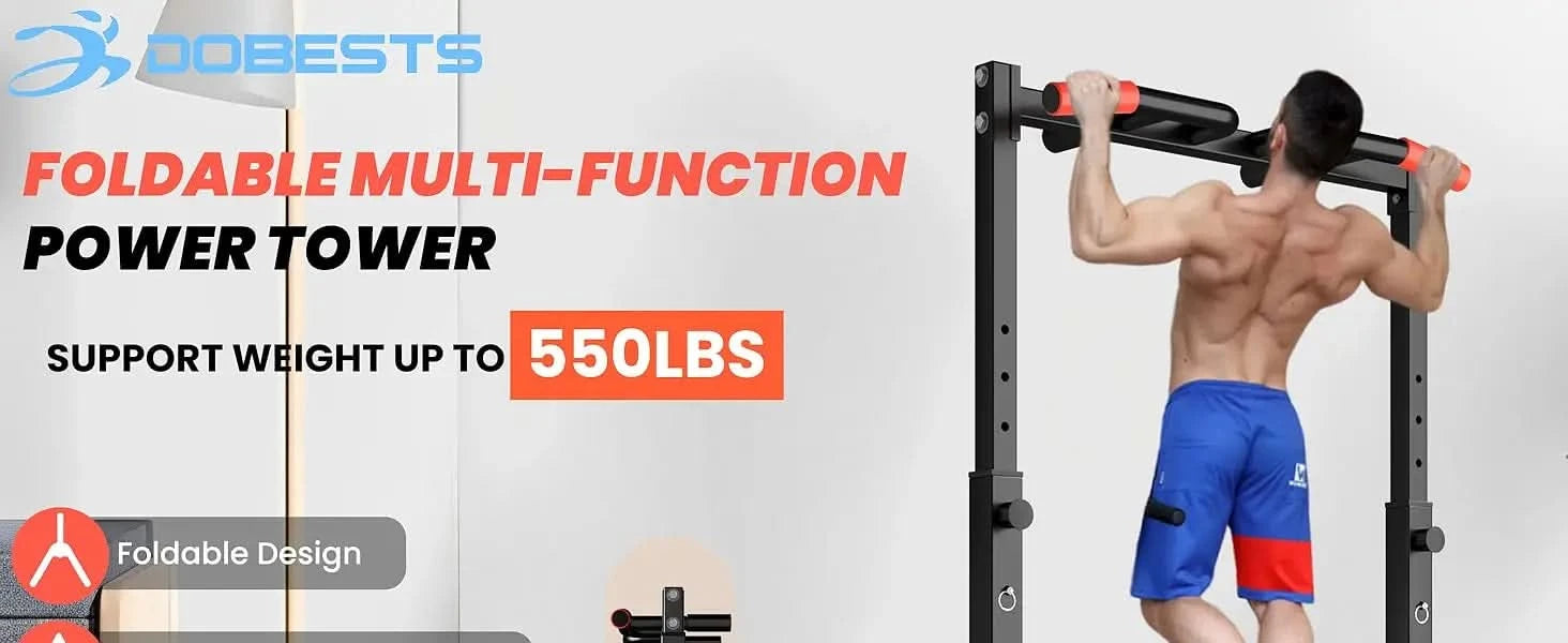 DOBESTS Foldable Power Tower Dip Station Pull Up Bar Station Adjustable Multifunction Fitness Pull Up Tower Station Workout Training Equipment