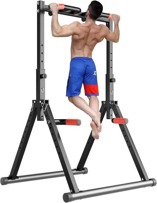 Adjustable workout station featuring a foldable power tower with pull-up and dip bars, suitable for home gym fitness training.