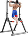 Adjustable workout station featuring a foldable power tower with pull-up and dip bars, suitable for home gym fitness training.