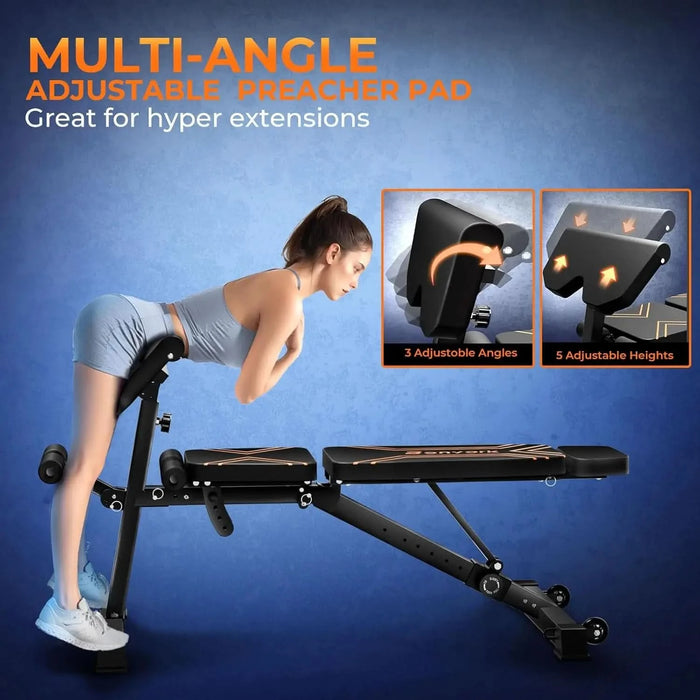 Adjustable Weight Bench with Preacher Curl Pad and Roman Chair for Home Gym Workouts