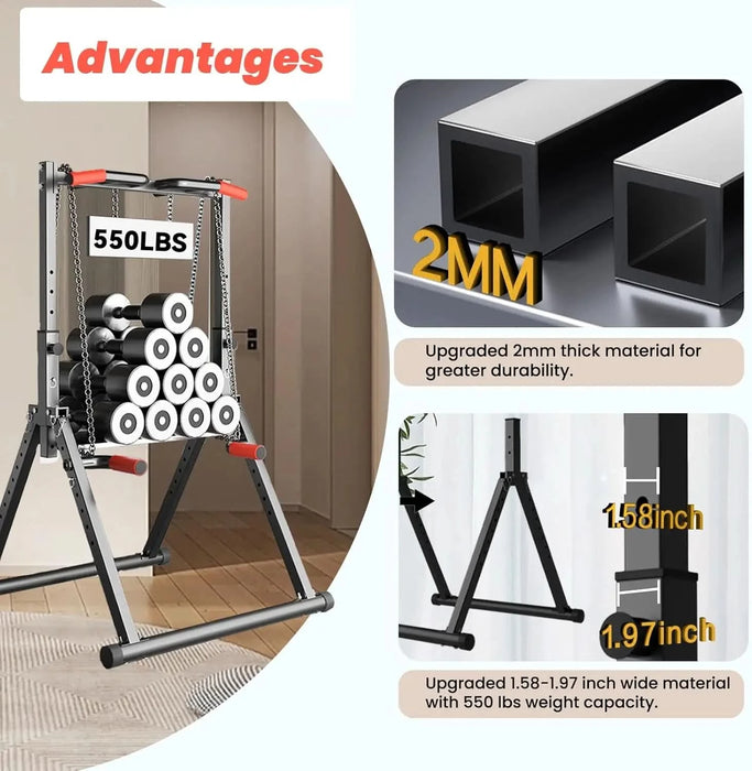 Foldable power tower dip station with 550 lbs weight capacity, showcasing upgraded 2mm thick steel and adjustable height for home workouts.