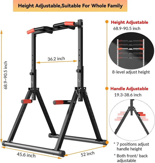 Adjustable workout station with foldable design, featuring 8 height levels and multifunctional handles for pull-ups and dips. Ideal for home gyms.