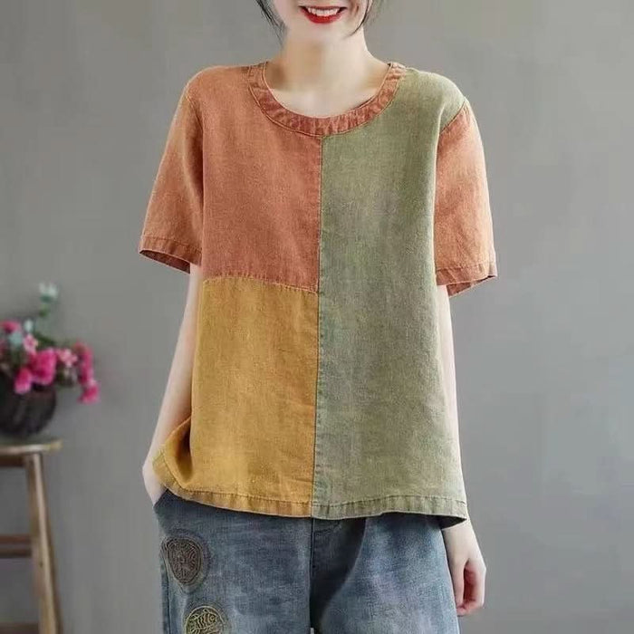 Women's Cotton Linen Half Sleeve Contrast Color T-Shirt