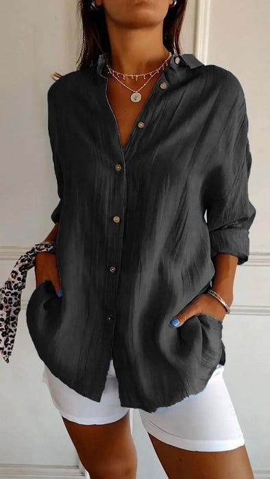 Women's Lapel Long Sleeve Pleated Shirt