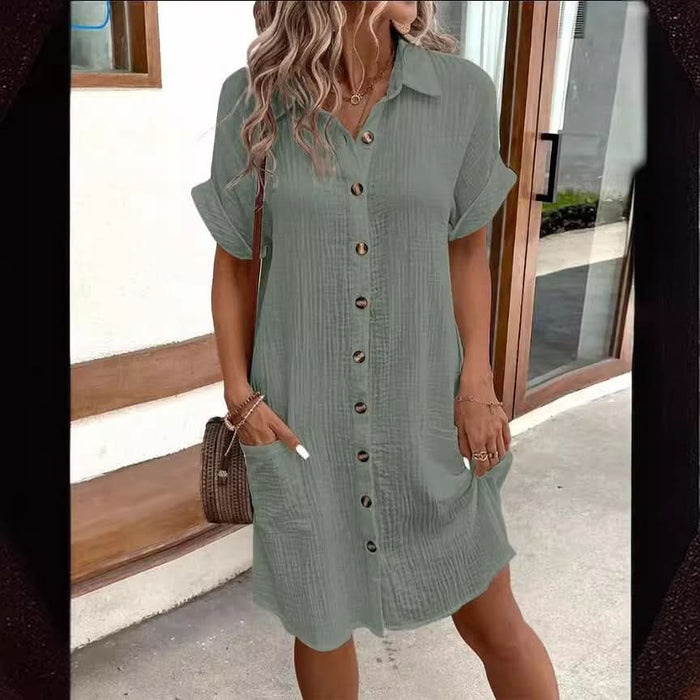 Summer Solid Color Short Sleeve Loose Shirt Dress