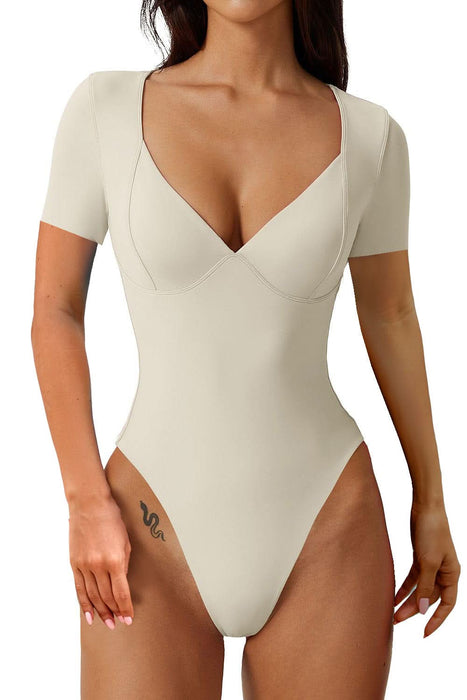 Women's V-Neck Short Sleeve Bodysuit with Seamed Cups