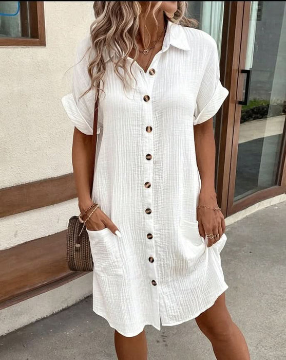 Summer Solid Color Short Sleeve Loose Shirt Dress