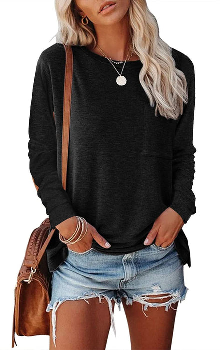 Long Sleeve Casual T-Shirt with Pocket and Side Split