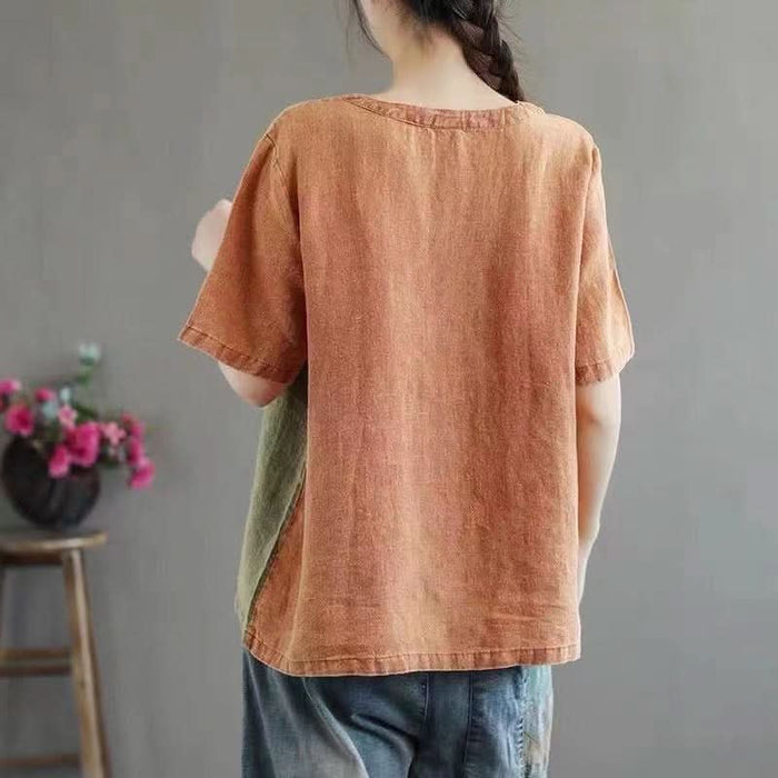 Women's Cotton Linen Half Sleeve Contrast Color T-Shirt