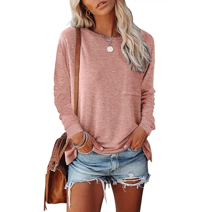 Long Sleeve Casual T-Shirt with Pocket and Side Split