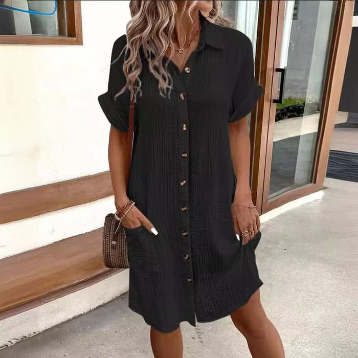 Summer Solid Color Short Sleeve Loose Shirt Dress