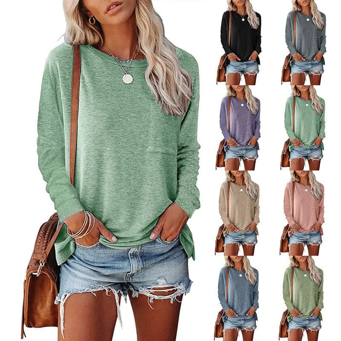 Long Sleeve Casual T-Shirt with Pocket and Side Split