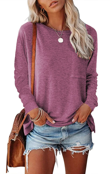 Long Sleeve Casual T-Shirt with Pocket and Side Split