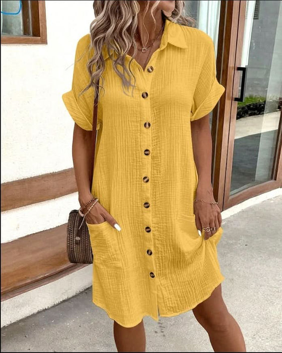 Summer Solid Color Short Sleeve Loose Shirt Dress