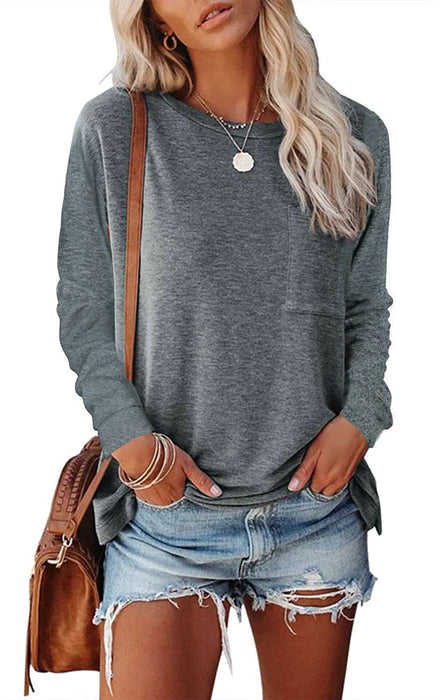 Long Sleeve Casual T-Shirt with Pocket and Side Split